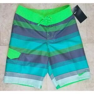 Nike Lane Drift Board Shorts Boys Striped Swim Trunks Green Size Medium NEW